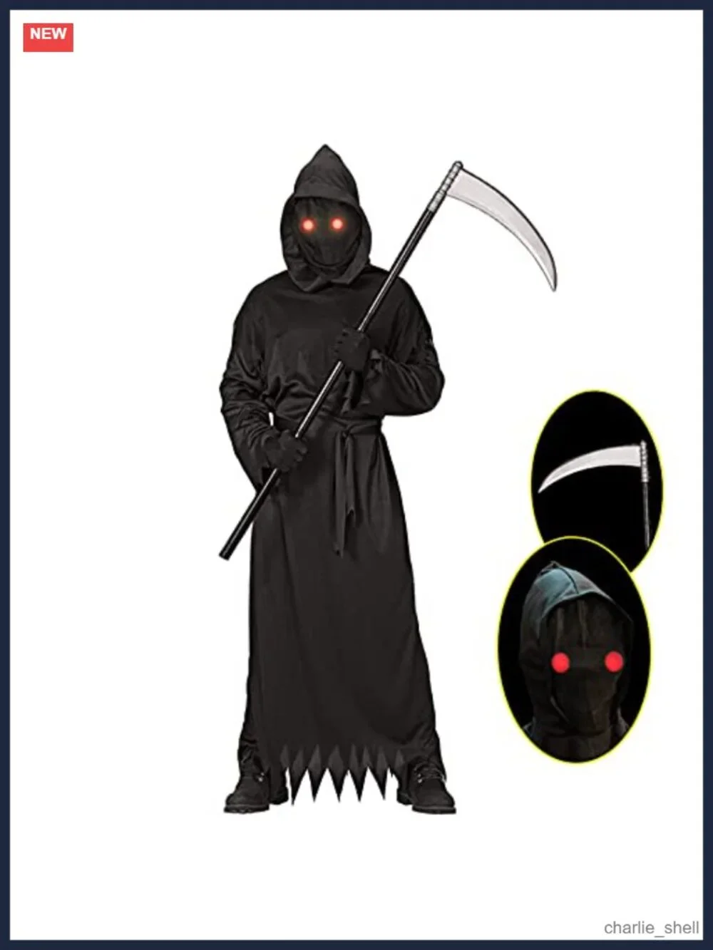 Grim Reaper Halloween Costume with Glowing Red Eyes and Scythe for Kids